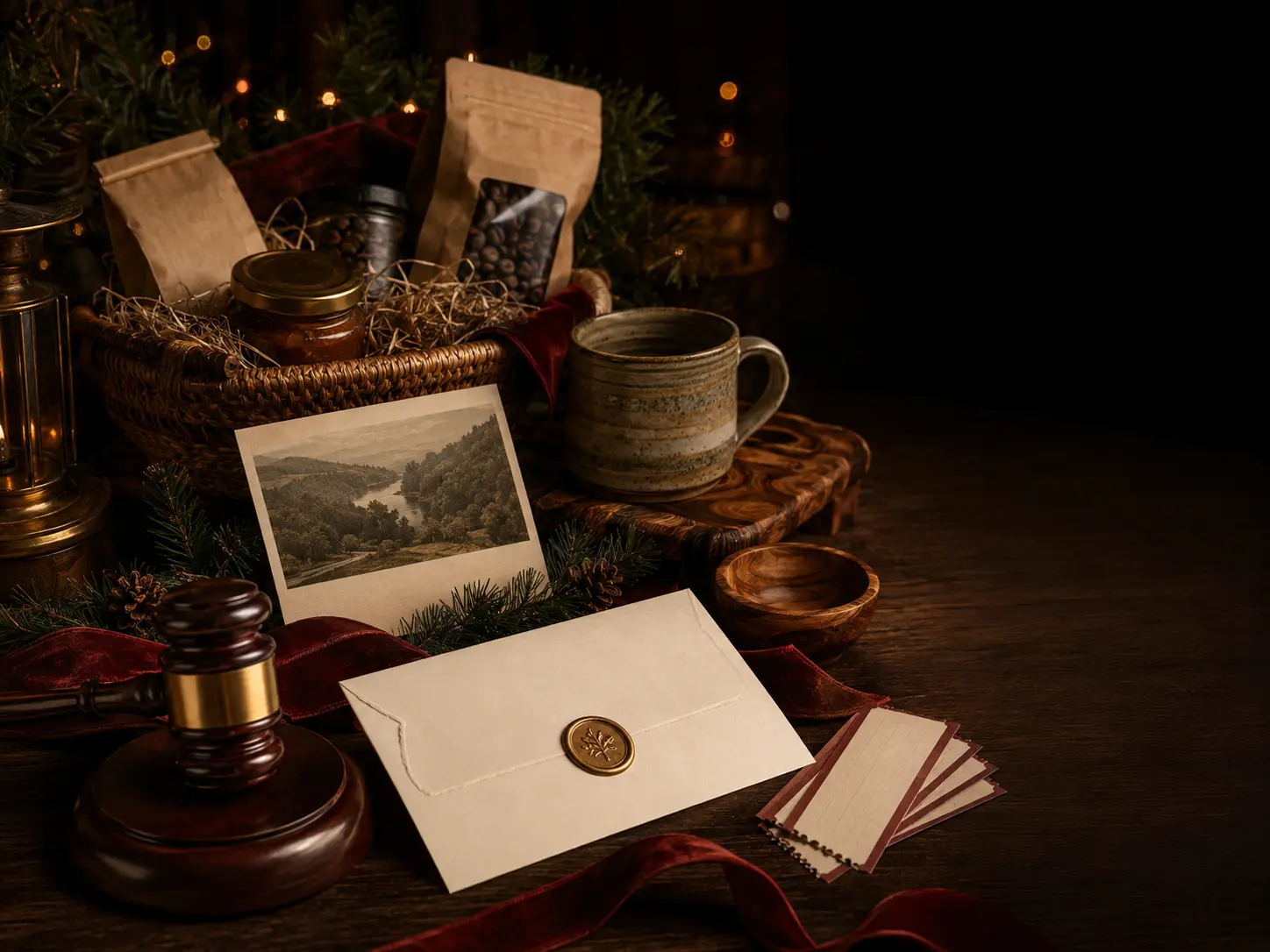 Local goods, pottery, gift certificates, and an auction gavel arranged for the hospice auction