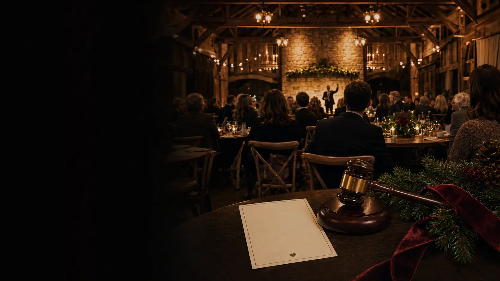 Guests gathered for a live holiday auction at a rustic barn